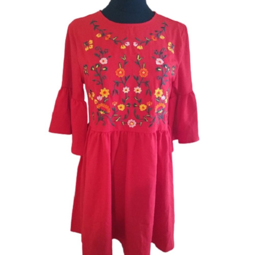 Women's Red Embroidered Dress with bell Sleeves, Red, Small